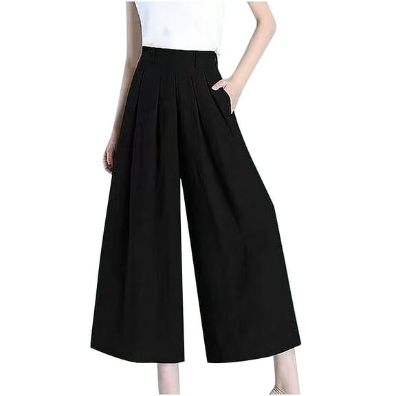 Bigersell Women Pants for Summer Women's Loose High Waisted Cotton Linen Wide Leg Capris Solid Color Pants Black 3xl