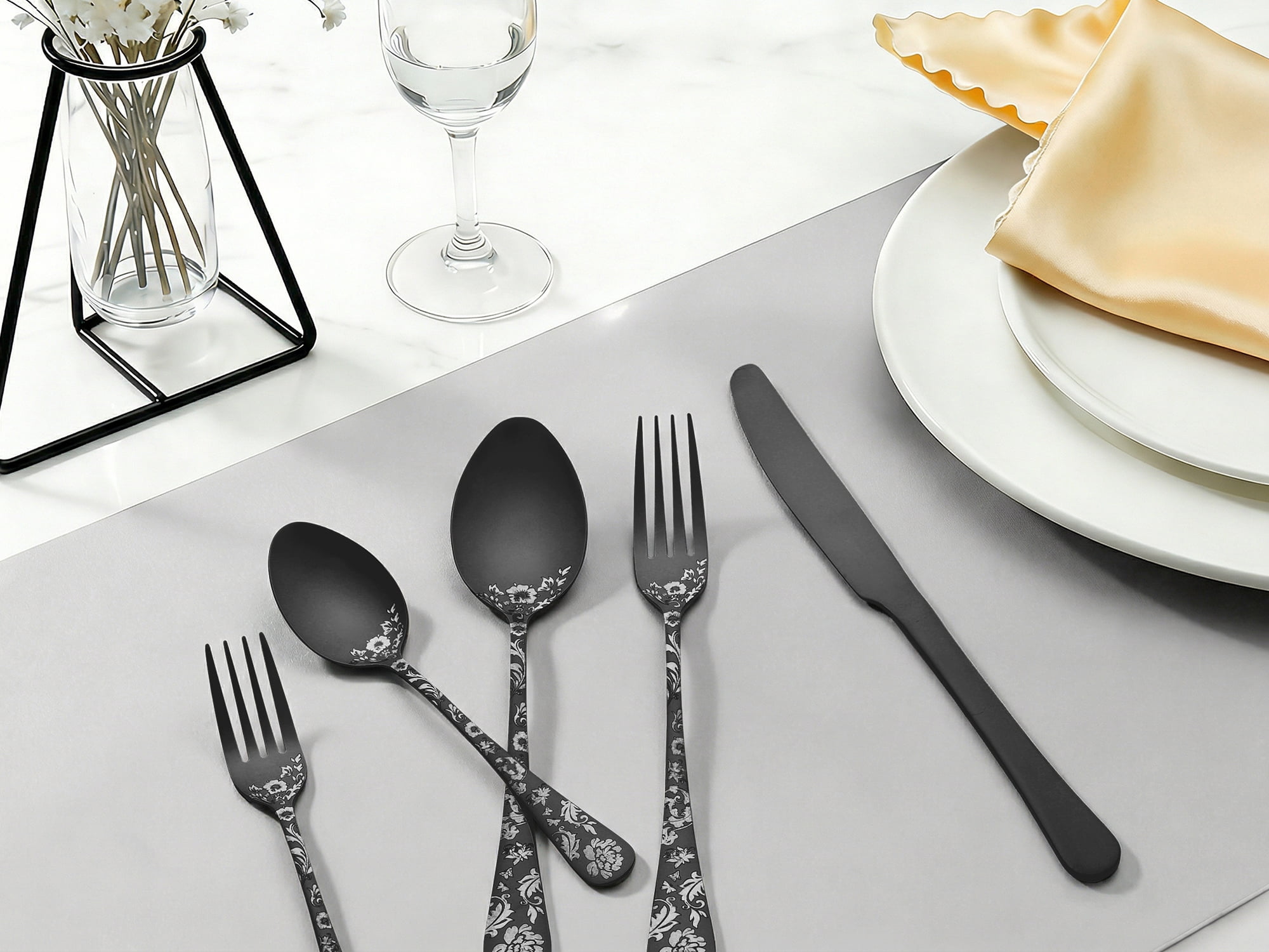 Unique Bargains 20 Pieces Floral Stainless Steel Flatware Set for 4 Black