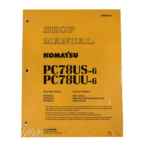Komatsu PC78US-6, PC78UU-6 Excavator Workshop Repair Service Manual - Part Number # SEBM025112