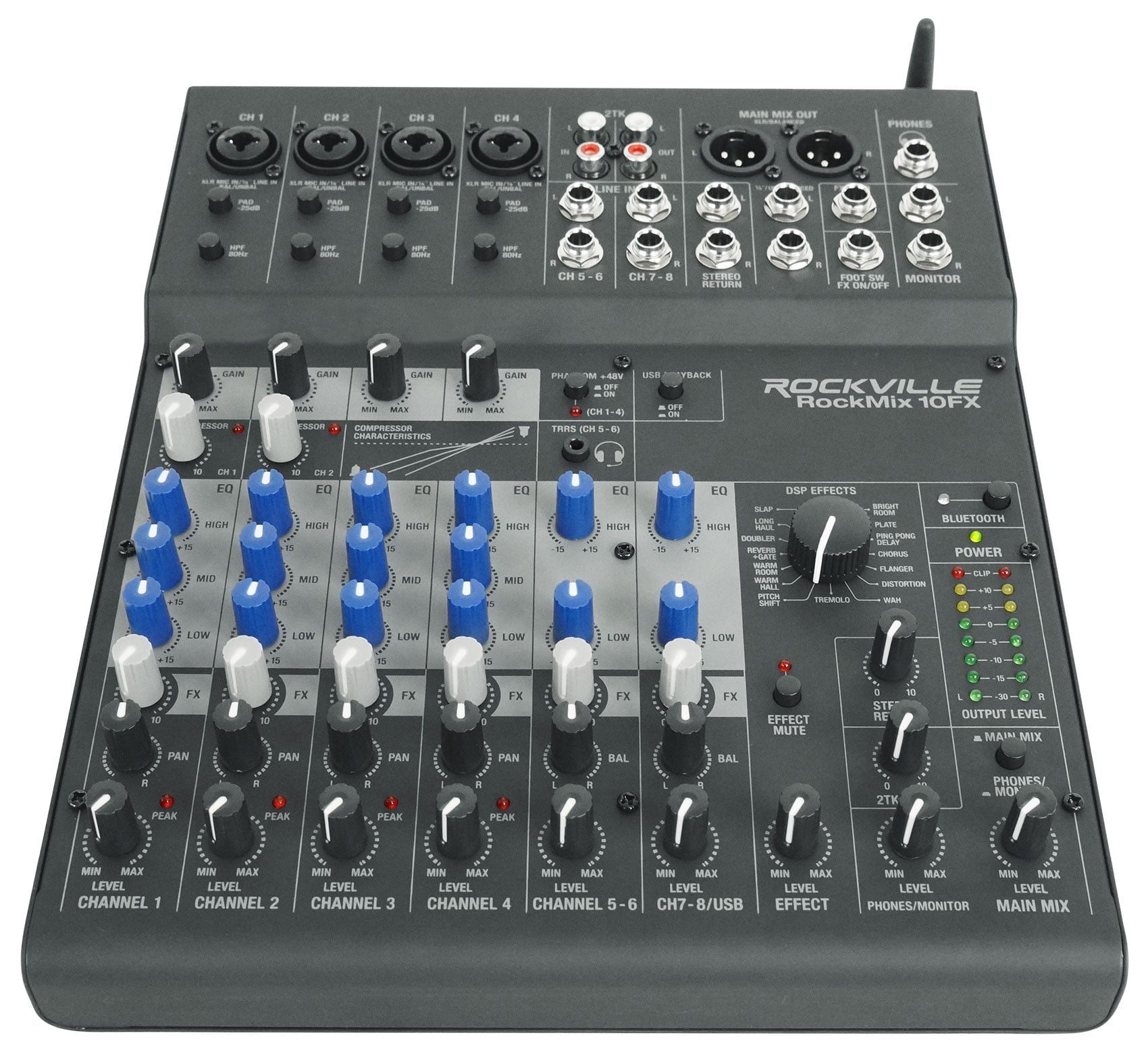 Rockville ROCKMIX 10FX 10-Channel Mixer, USB Recording Interface, Digital Effects, 3-Band EQ, Phantom Power, Bluetooth 5.0, for Home Studio, Podcast, and Live Performance