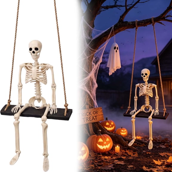 WeeWhimsy 35.4 Inches Halloween Decorations Outdoor - Large Hanging Swing Skeleton Halloween Decor,Cute Ghosts Decorations for Front Porch Yard Tree