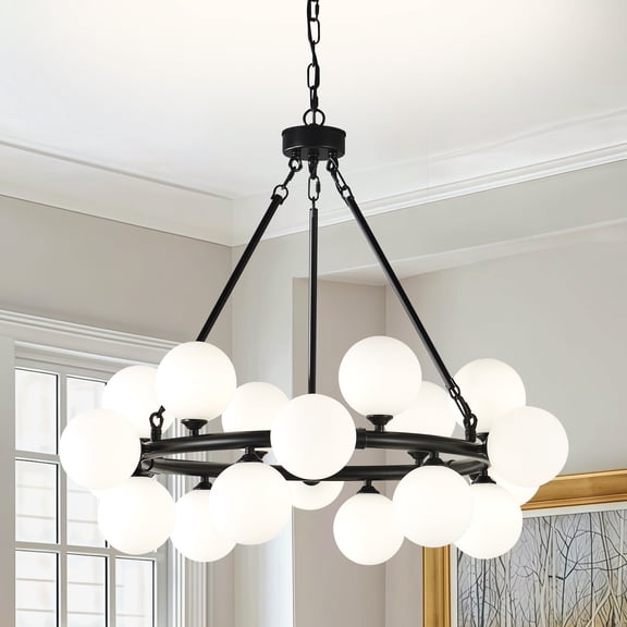 31.97" Black Wagon Wheel Chandelier with 18 Milky White Glass Globes, Modern Farmhouse Pendant Light for Dining Room Kitchen Island Living Room