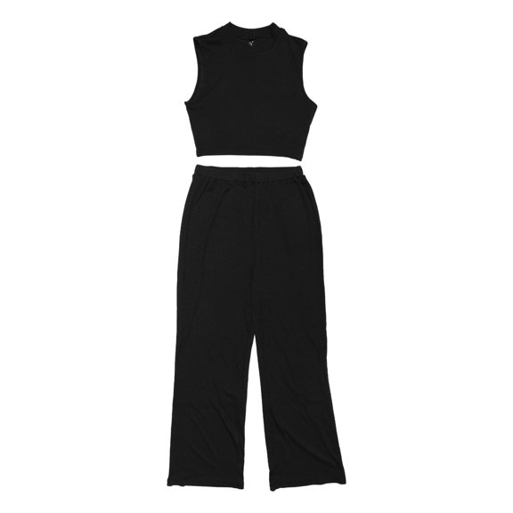 Unique Bargains Women's Crop Tank Top and Wide Leg Pants Sleeveless 2 Pcs Outfit L Black