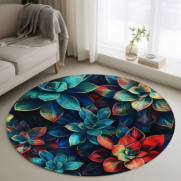 Teal Red Round Rug 3ft Washable Circle Entryway Rugs Non Slip Abstract Vintage Botanical Area Rug Indoor Floor Carpet for Bedroom Kitchen Living Room Home Office Dining Room Nursery