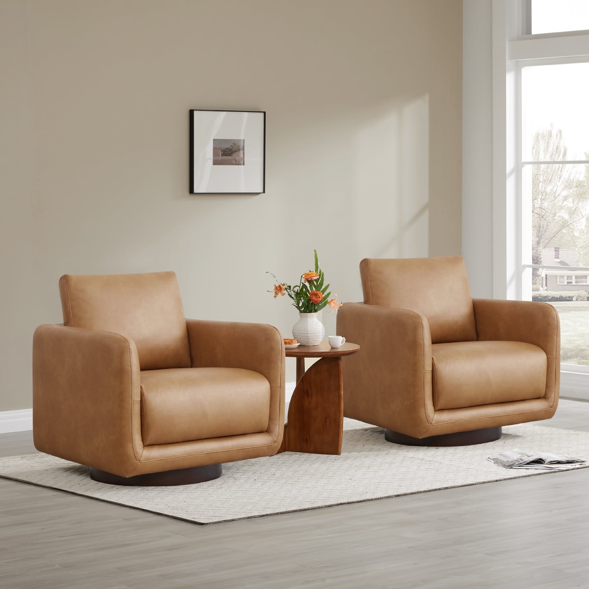 Spruce & Spring Upholstered Swivel Accent Chair with Back Cushion Single, Brown