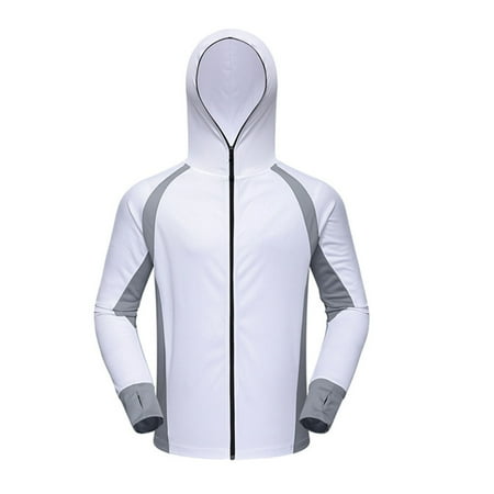 SSAAVKUY Men s Long Sleeve UPF 50+ Fishing Shirts UV Sun Protection Clothing with Zip Hood Summer Hoodies for Cycling Hiking White 12