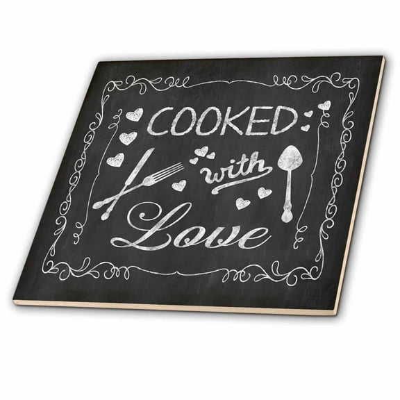 3dRose, Chalkboard typography sign with hand lettering quote cooked with love, 8 Inch Ceramic Tile