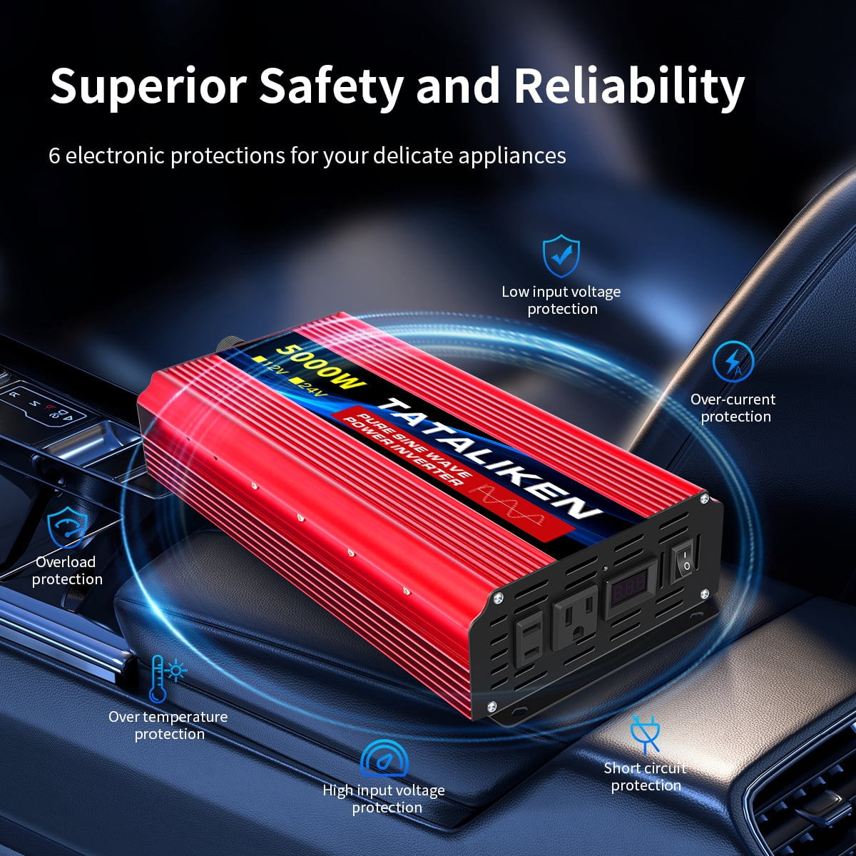 TATALIKEN 5000W（Rating power 2000 W）Pure Sine Wave Power Inverter DC 12V to AC 110V/120V Car Inverter with Battery Clamp Cable 2 AC Outlets for Power Tools Home Vehicles RV Truck, LCD Display Red