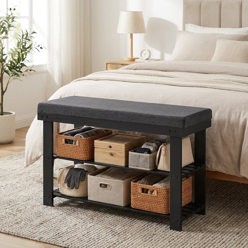 LEDREM Shoe Bench with Cushion, 3-Tier Sturdy Entryway Shoe Rack Organizer, Black and Gray