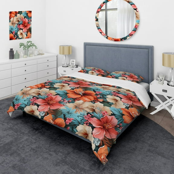 Designart "Exotic Tropical Floral Blend II" Pink Floral Bedding Covert Set - Cottage Bed Set With 1 Sham