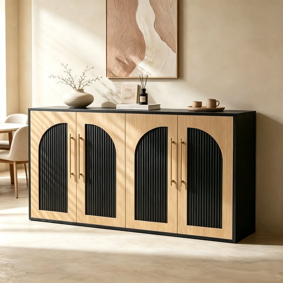 YDN Modern Fluted Sideboard Storage Cabinet - 55" Wooden Arched Doors Buffet Cabinet with Storage & Adjustable Shelves, Credenza Kitchen Storage Cabinet for Living Room, Entryway - Elegant Finish