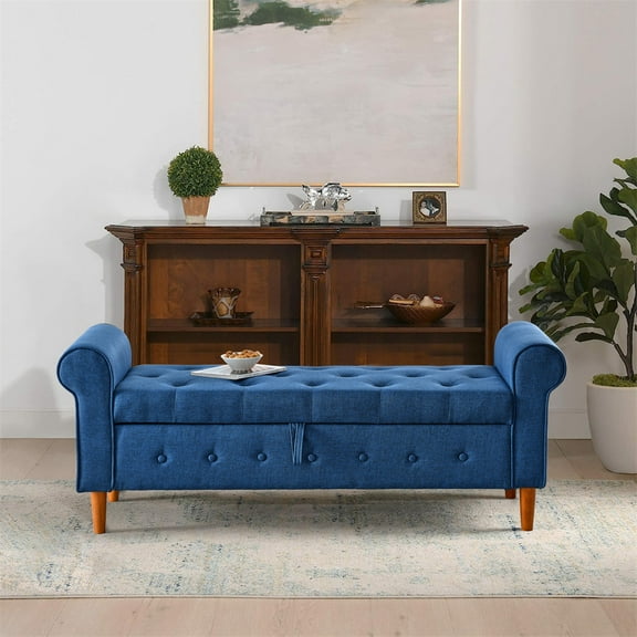 Knubmt Linen Upholstered Storage Bench for Bedroom, Living Room, Office, Blue