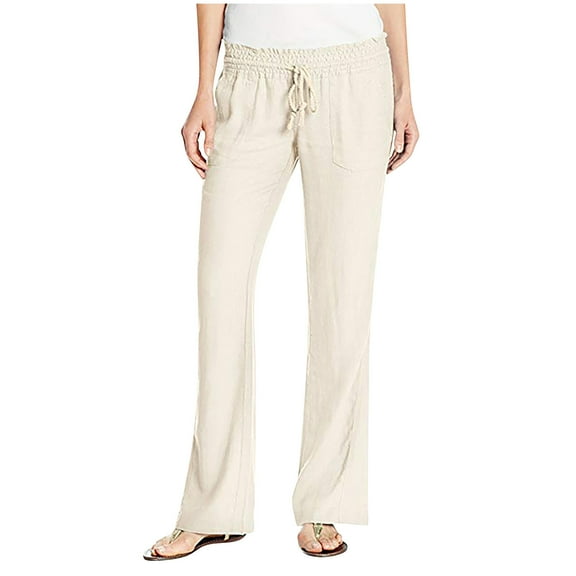 RYRJJ Womens Linen Palazzo Pants Casual Elastic Waist Drawstring Summer Wide Leg Pants Comfy Capris Yoga Sweatpants Trousers(Beige,S)