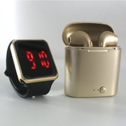 ZTECH Unisex LED Touch Watch and Wireless Headphones with Portable Charging Case Set - Black watch strap with Gold watch case and Gold earbuds(ZTSET-10 )