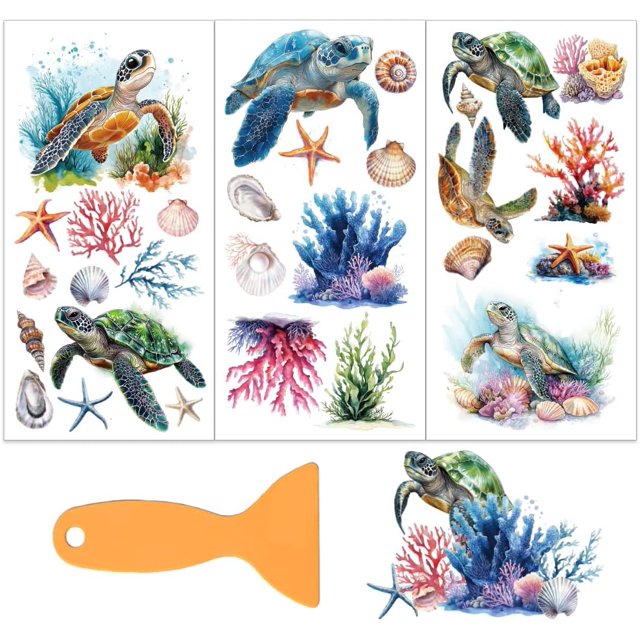 Juego de 3 calcomanías de tortugas marinas para muebles y manualidades (15 x 30 cm). Adhesivos de transferencia con diseño de coral y conchas marinas. Incluye espátula.