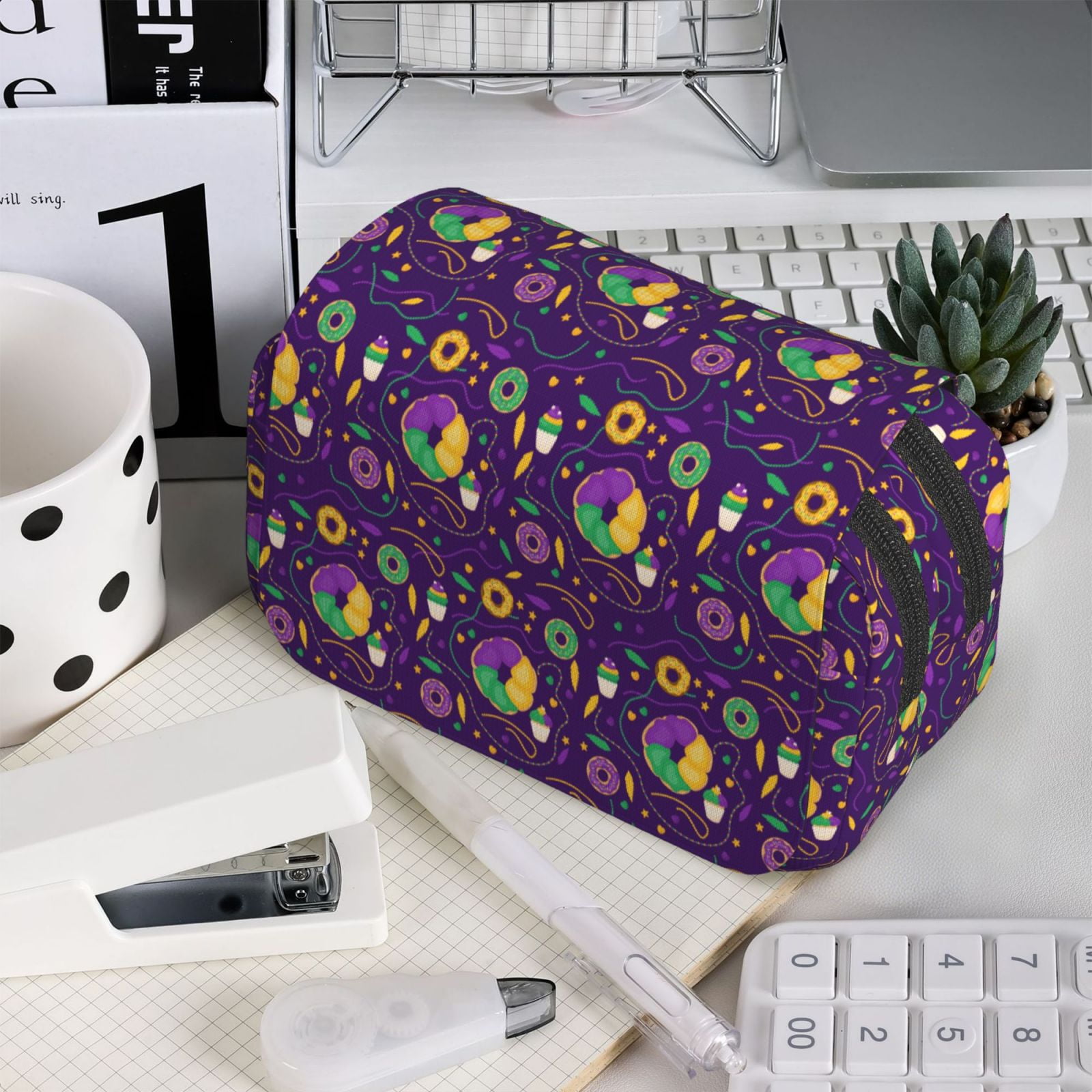 Rateoe Mardi Gras and Donuts Pattern Double Clamshell Pen Case, Storage Organizer with Two Zipper Compartments– Holds Up to 50 Pencils & Pens