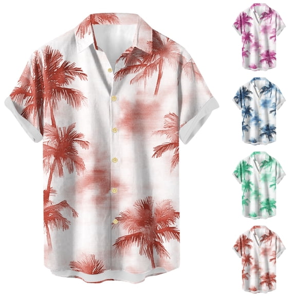 SGFCWSX Mens Hawaiian Shirt Short Sleeve Camp Collar Palm Tree Printed Watercolor Lightweight Beach Casual Summer Shirt Red Size L