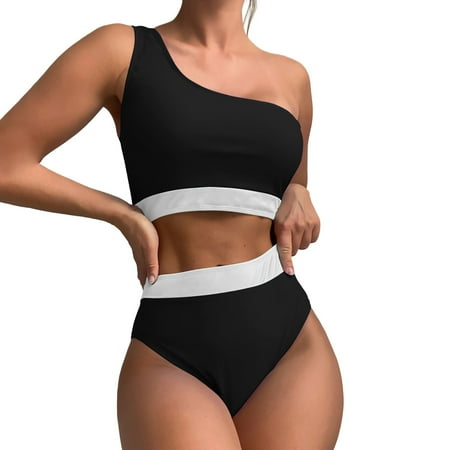 Celivon Womens Matte Finish Colored One Shoulder High Waist Sexy Bikini Swimwear Set Hot Spring Wear