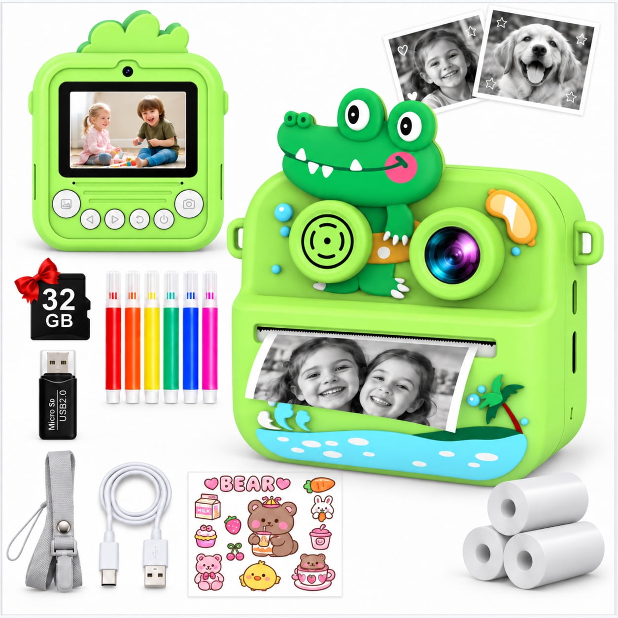 WonderStone Kids Digital Camera 48MP Selfie Instant Print Camera with 32GB Card & 1080P Video Camera Toy for Toddler Kids 2 Rolls Paper & Color Pens Gift for Boys & Girls 3&ndash;12 Green
