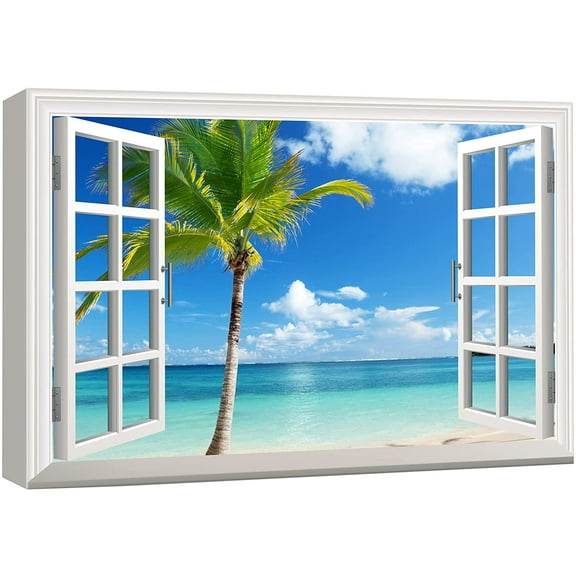 wall26 Canvas Print Wall Art Window View of Tropical Island Beach Paradise Nature Wilderness Photography Modern Art Rustic Scenic Colorful Ultra for Living Room, Bedroom, Office - 32"x48"