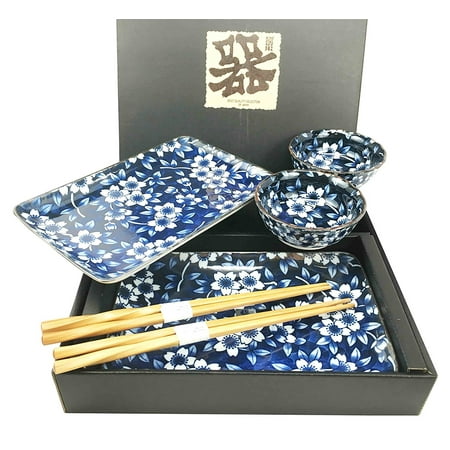 Sushi Set For Two - Made in Japan Floral Blossom Blue Motif Ceramic Sushi Dinnerware 6pc Set For Two Consisting Pairs of Sushi Plates Sauce Bowls and Chopsticks Great Housewarming Gift.., By Gifts & Decors