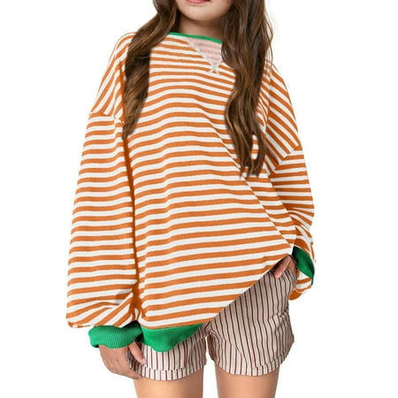

kakina CMSX Children s Girls Striped Oversized Sweatshirt Color Block Crew Neck Long Sleeve Shirt Casual Loose Pullover Top Clothes