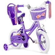 XJD 12 inch Kids Girls Bike for 3-12 Years Old Toddlers, Princess Children Bicycle with Training Wheels, Streamers, Basket, Doll Seat, Purple