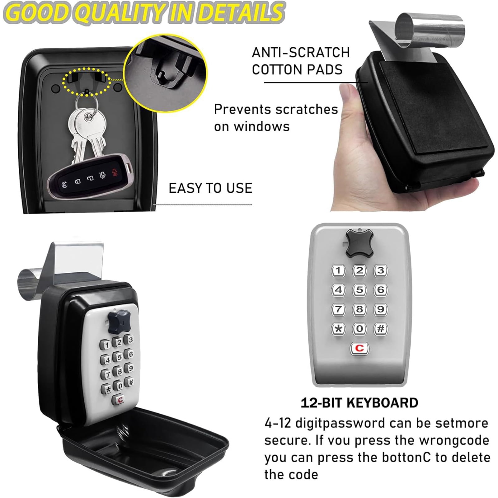 Yolispa Key Lock Box, Key Box 12-Digit Combination Push Button Key Safe Box for Wall Outside Door , Waterproof Resettable Large Capacity Security Lockbox for Home Garage Hotels