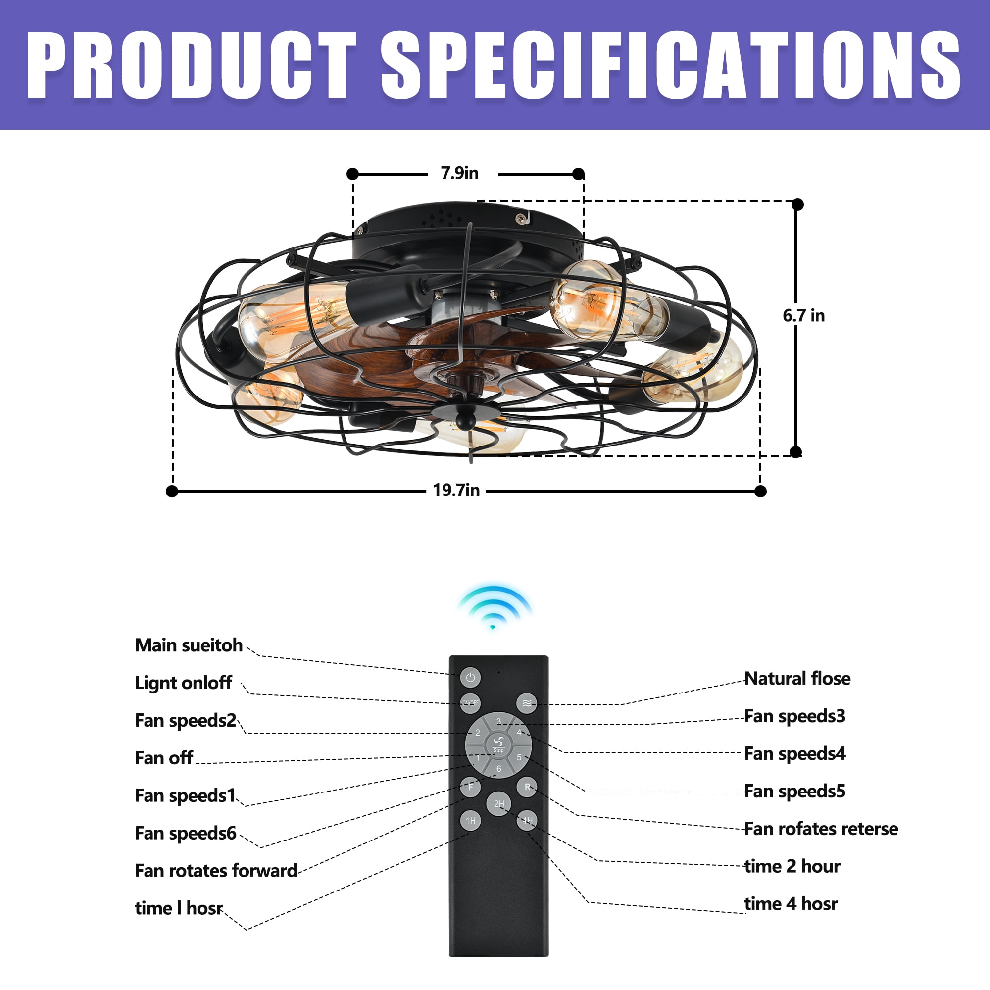 GCGAFUL 19.7 Inch Ceiling Fan with 5 Lights and Remote, Black Low Profile Flush Mount Caged Fan Light, Farmhouse Fan for Bedroom Kitchen