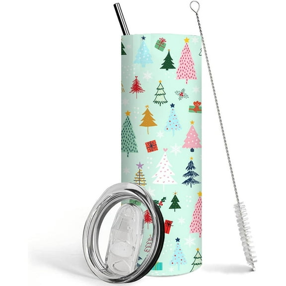 Merry Christmas Holiday Skinny Tumbler with Lid and Straw, Christmas Tree Coffee Mug 20 oz Snowman Christmas Tree Santa Cup,Christmas Gifts for Women
