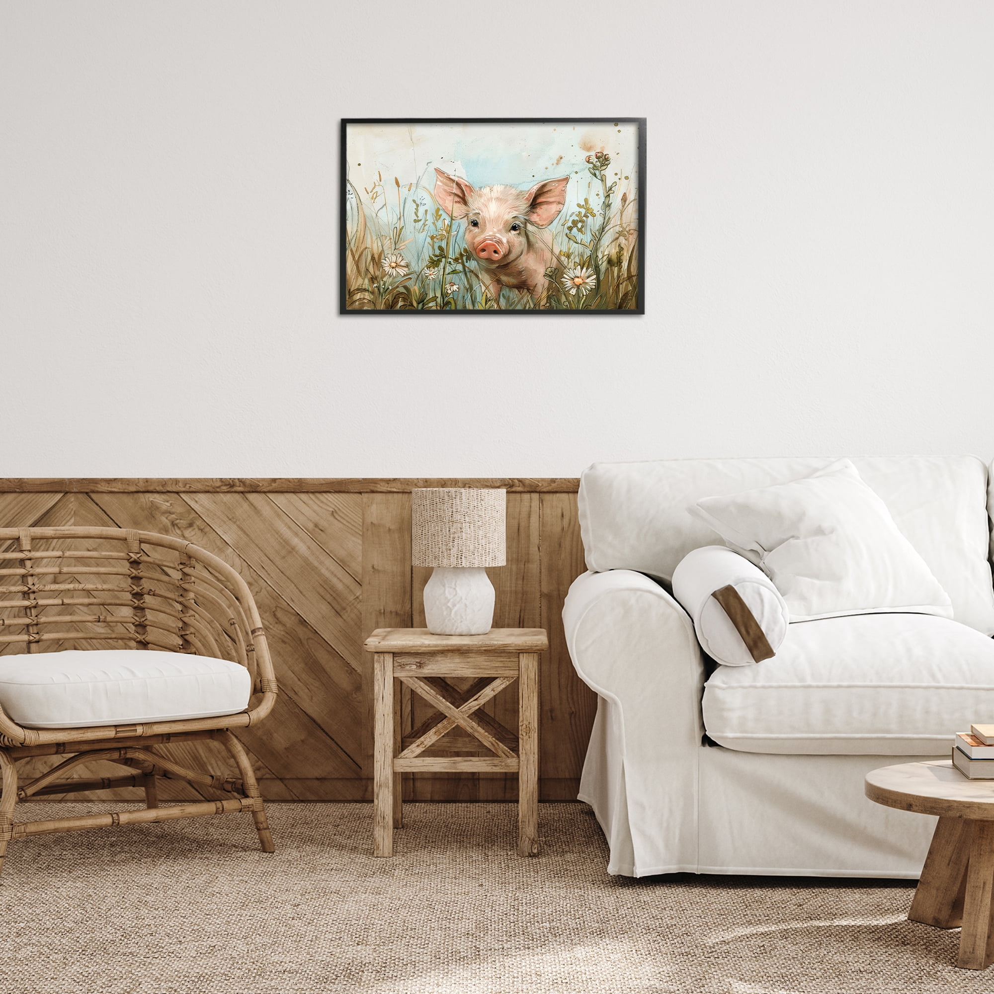 Stupell Industries Piglet Among Flowers Animals & Insects Painting Black Framed Art Print Wall Art, 24 x 16