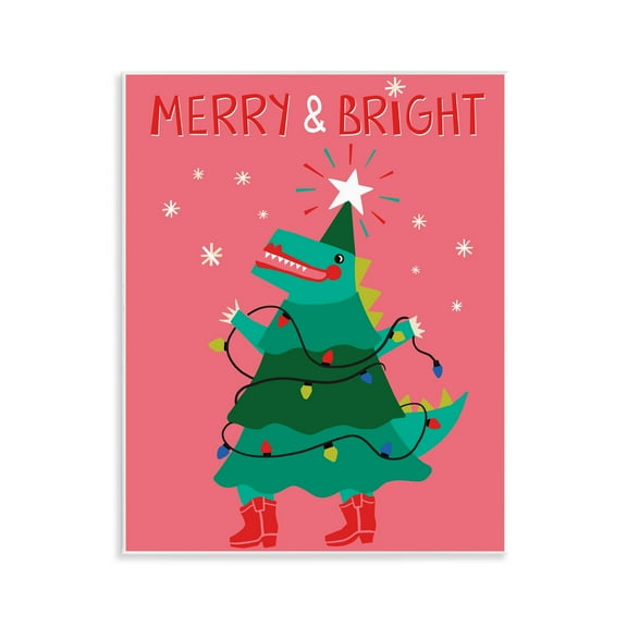 Stupell Industries Merry and Bright Dinosaur Holiday Painting Unframed Art Prints Wall Art, 11 x 14