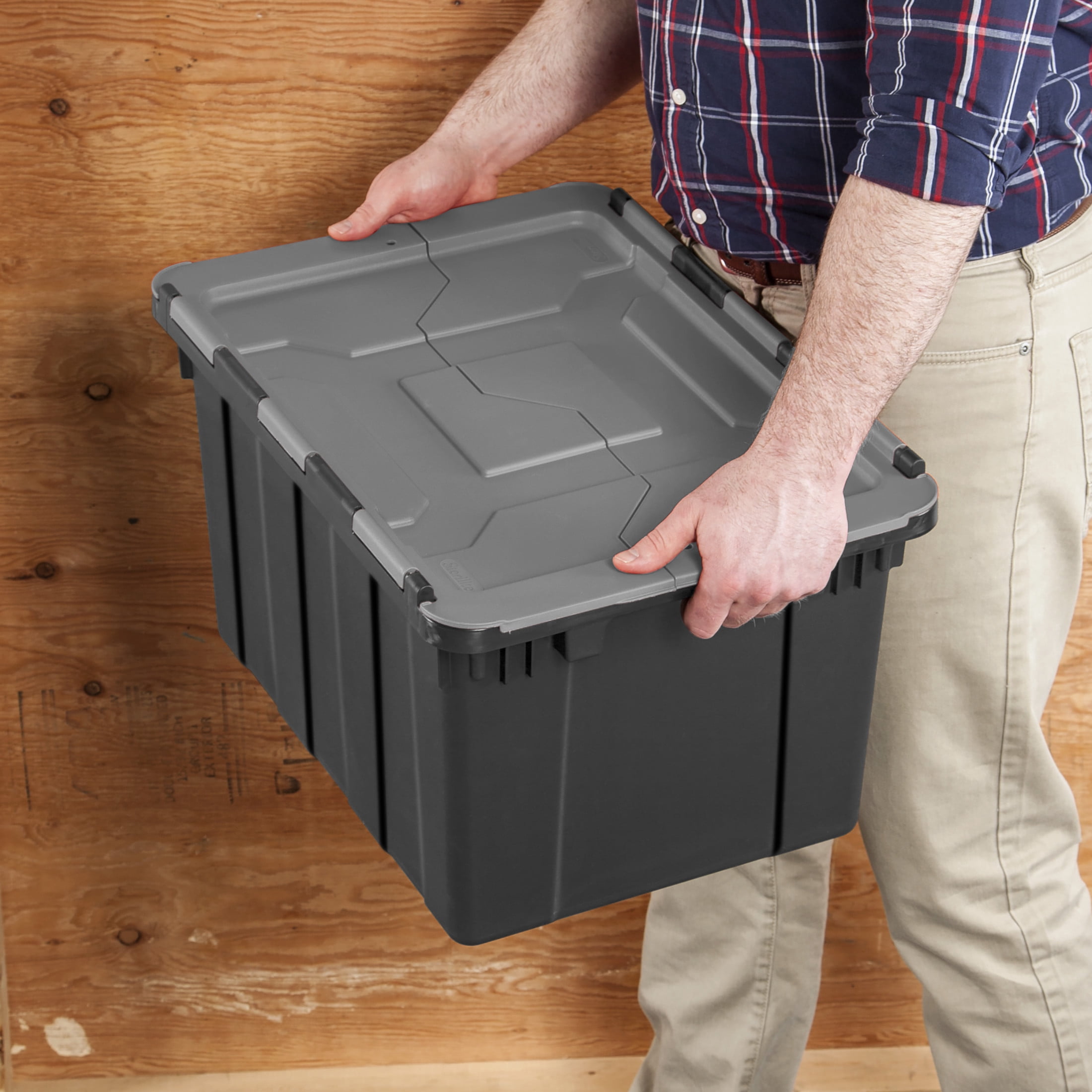 Sterilite Small Hinged Lid Industrial Storage Bin, 12 Gallon Rugged Plastic Storage Tote, Dark Gray