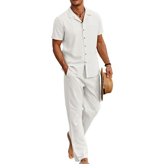 COOFANDY Men's 2 Piece Casual Linen Outfit - Beach Button Down Shirt & Loose Pant Sets