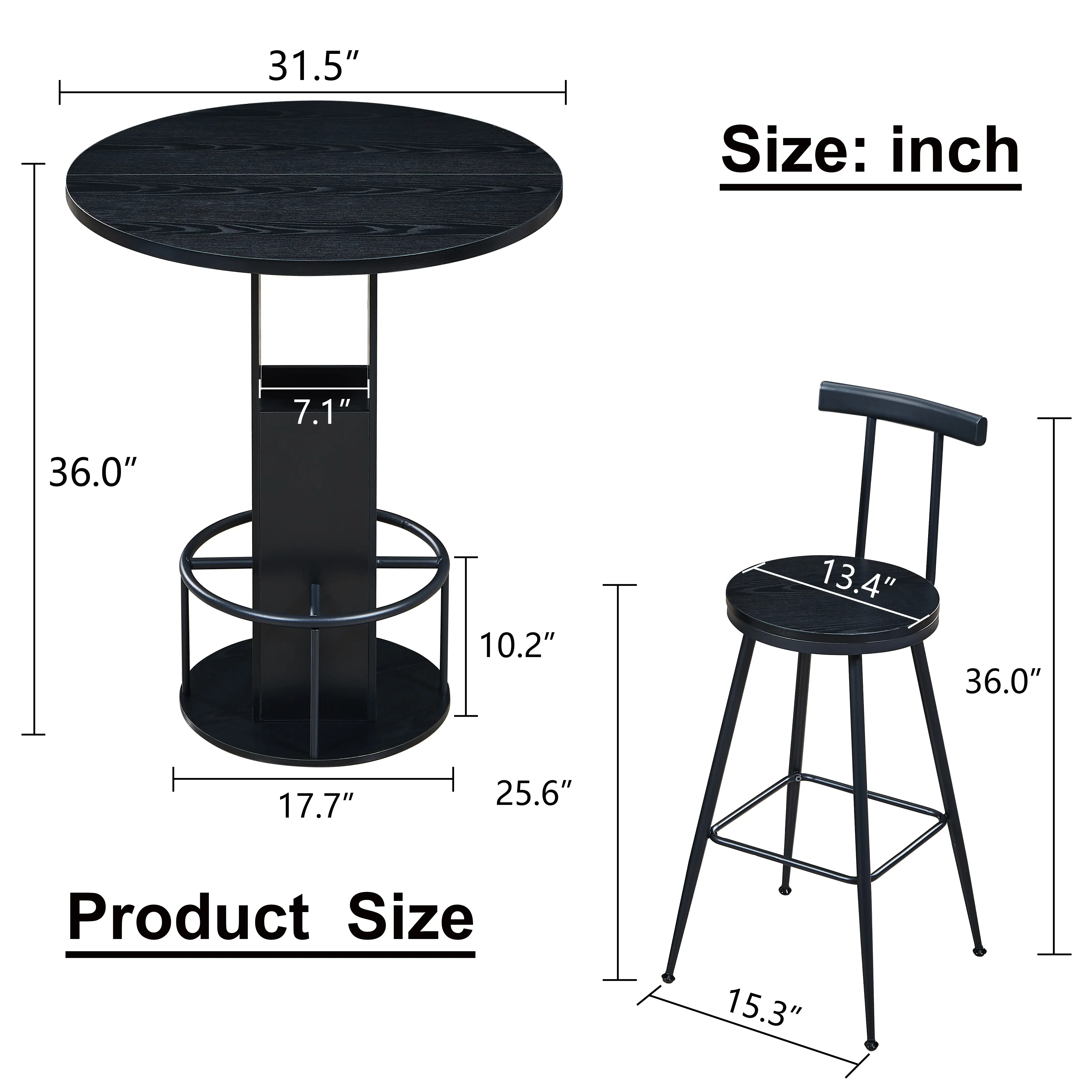 Aukfa Round Dining Table Set for 2, Dining Table with 2 Bar Stools, Storage Base & Footrest,Space-Saving Kitchen & Dining Table Set,Black