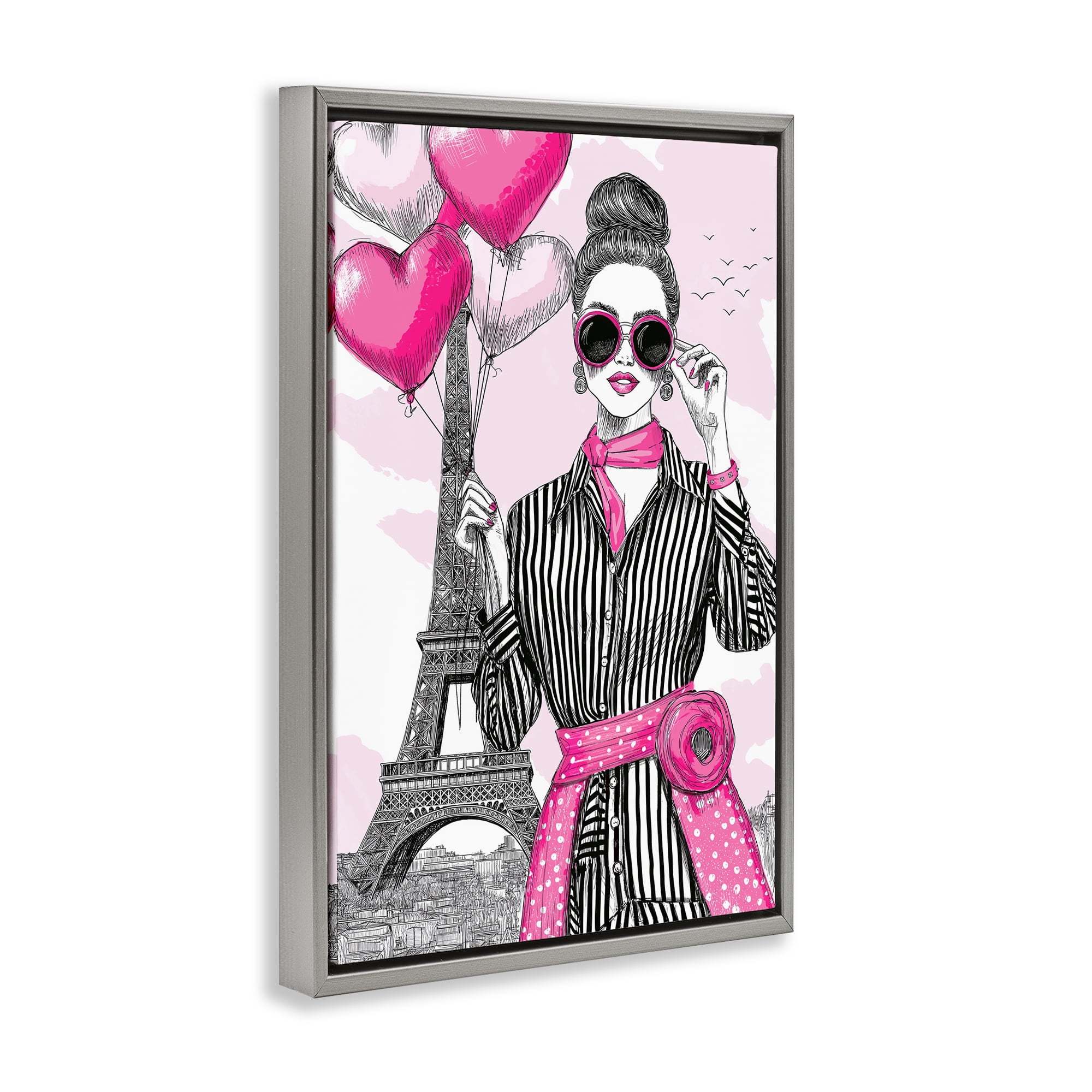 Stupell Industries Parisian Chic Woman with Balloons Gray Framed Floater Canvas Wall Art, design by Jess Stempel