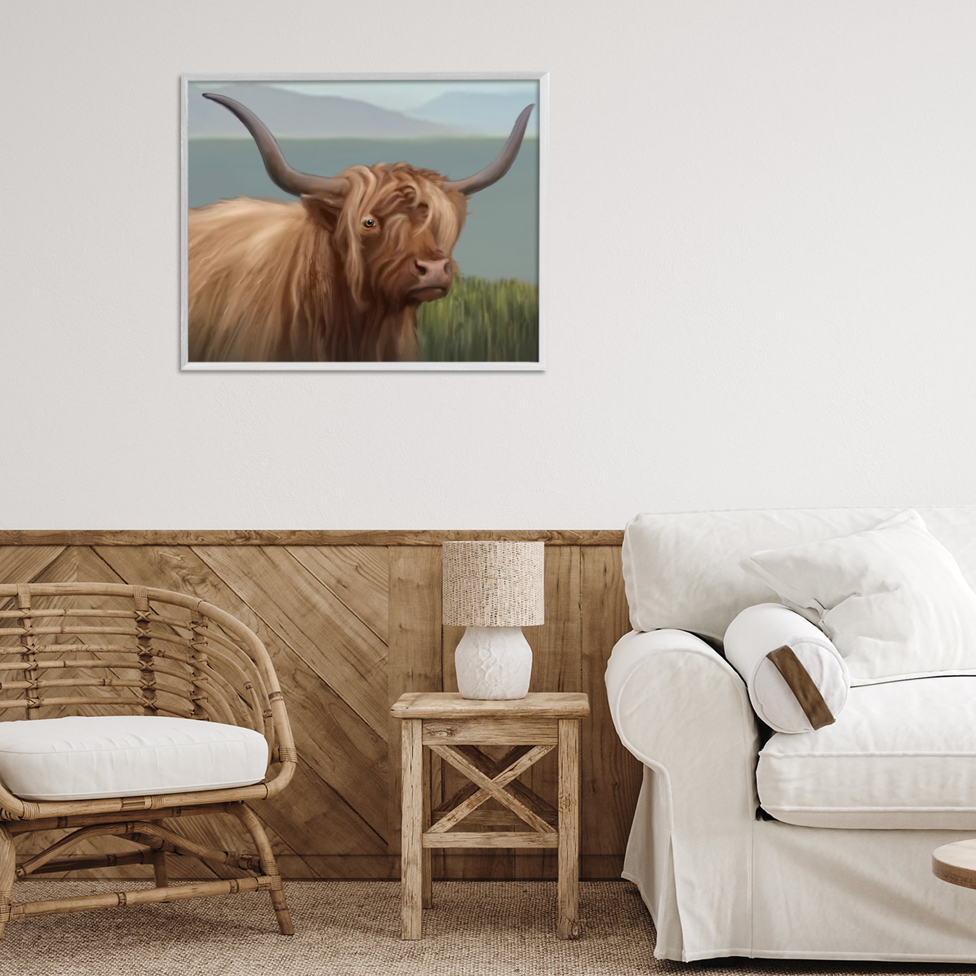 Stupell Industries Scottish Highland Cattle Landscape White Framed Giclee Art, design by Matthew Piotrowicz