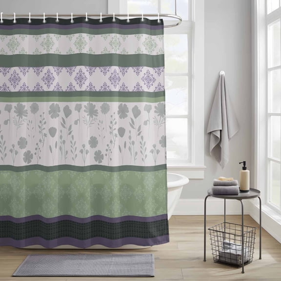 Spring Florals Fabric Shower Curtain for Bathroom Waterproof Polyester Bath Curtain with 12 Hooks Purple Green Floral Country Farm Style Striped Washable Shower Curtain with Grommets 54"x78"