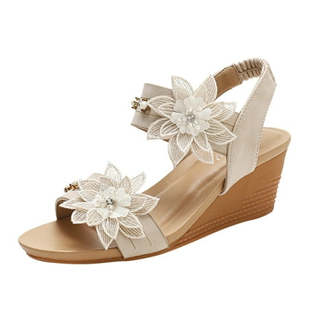 

SEMIMAY Wedges Sandals For Women Ladies Sandals Toe Bohemia Sandals Beach Shoes Beige
