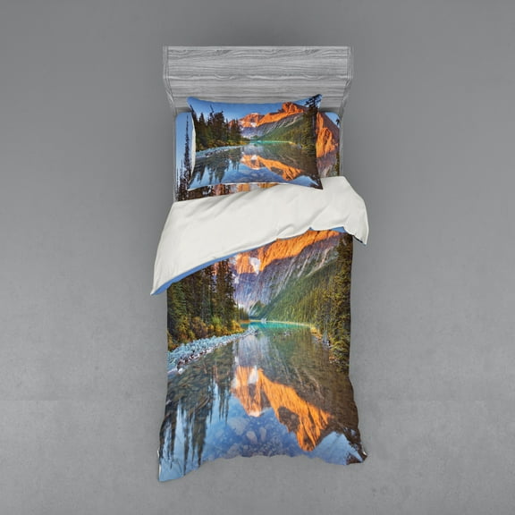 National Parks Duvet Cover Set, Canadian Rocky Mountain Range on Edith Cavell Lake Pastoral Image Print, Bedding Set with Shams and Fitted Sheet, 3 Sizes, by Ambesonne