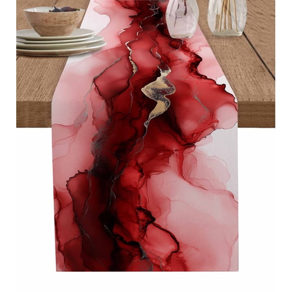 Hokiten Table Runners 72 Inches Long Dress Scarves, Red Marble Farmhouse Kitchen/Dining Table Runner, Coffee Tablerunners, Modern Ombre Abstract Ink Painting Art 14x72 Inch
