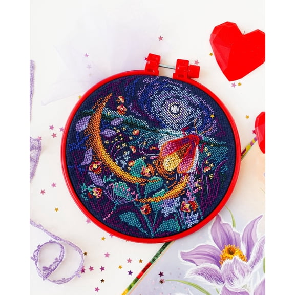 Wizardi Cross-Stitch kit - Fireflies. Beginner Embroidery Kit for Adults. Cross-Stitch Supplies. Needle, Canvas, Scheme, Floss and Floss Organizer Kit. AHM-053 Abris Art