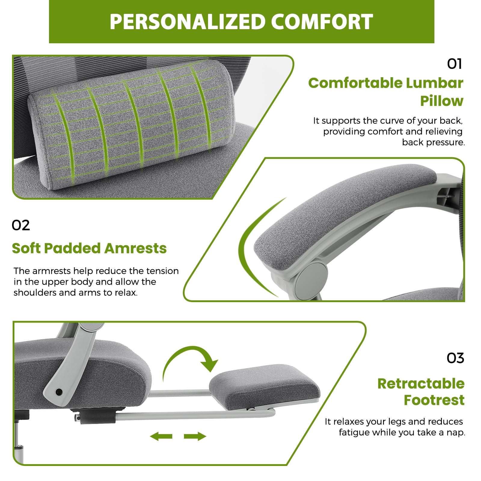EDX Ergonomic High Back Office Chair with Reclining & Lumbar Support, Adjustable Headrest, Footrest, Padded Arms, Gray