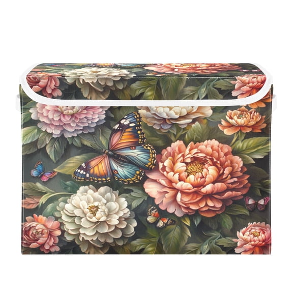 WOBOGO Peony Butterfly Painting Large Collapsible Storage Box Flip Lid Fabric Decorative Organizer Container Basket with Handles 16.5×12.6×11.8in