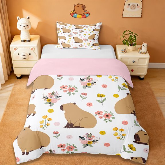 Erosebridal Colorful Flowers Blossom Twin Bedding,Kawaii Rodent Animal Capybara Duvet Cover Set For Kids ,Reversible Pink 2 Pieces,No Comforter
