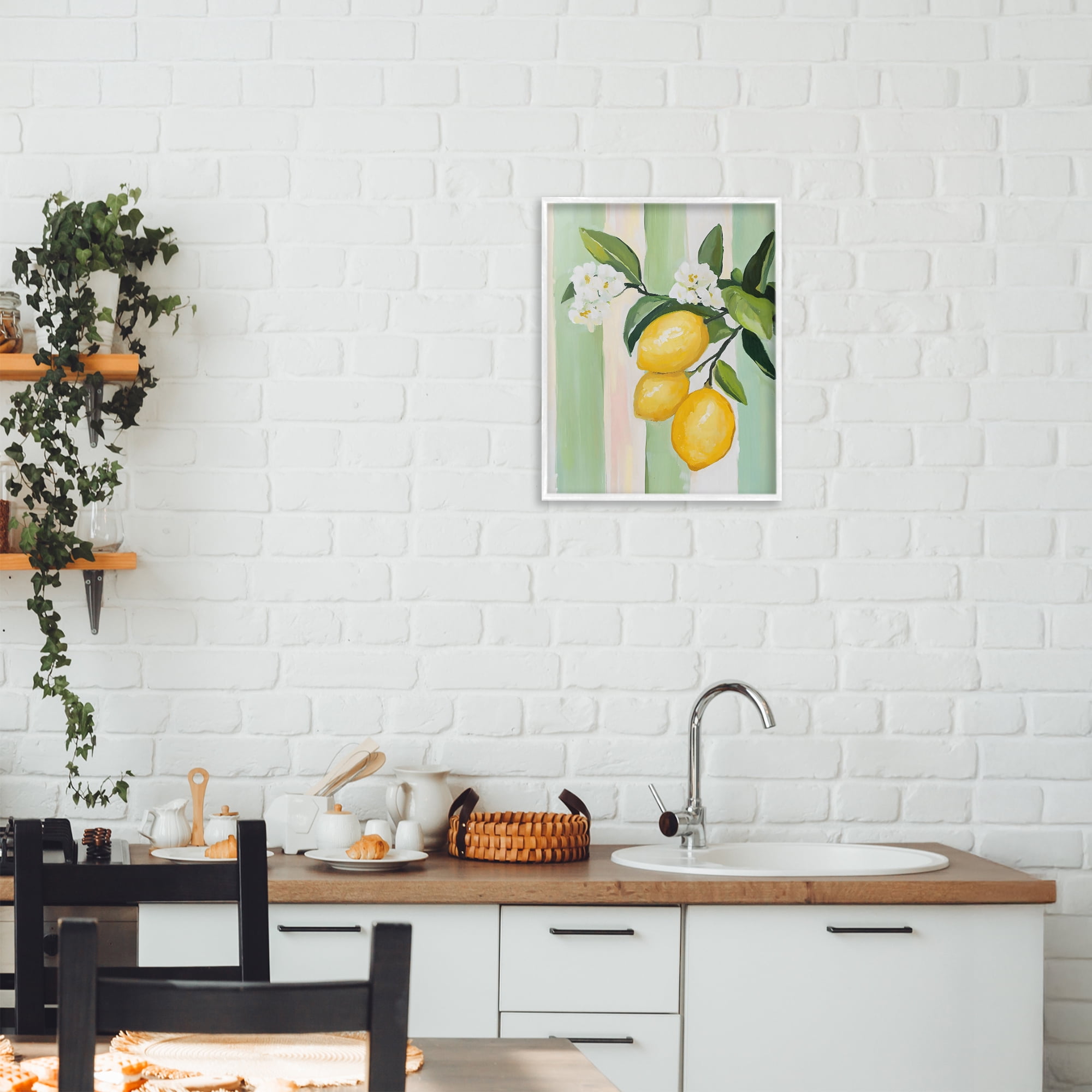Stupell Industries Lemons & Flowers on Stripes White Framed Giclee Art, design by The Prints Vibe