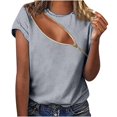 thumbnail image 1 of Blusa de manga corta con cuello redondo de color sólido con cremallera de verano de moda informal para mujer Pompotops hkajfhjk469281, 1 of 5