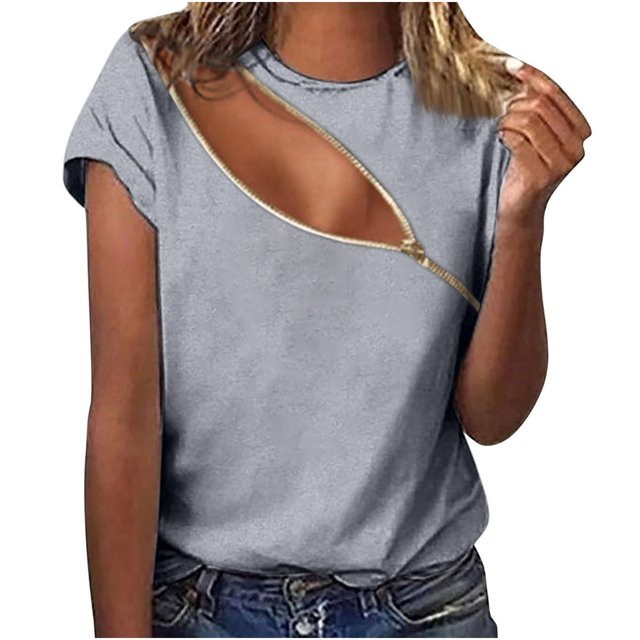 Blusa de manga corta con cuello redondo de color sólido con cremallera de verano de moda informal para mujer Pompotops hkajfhjk469281