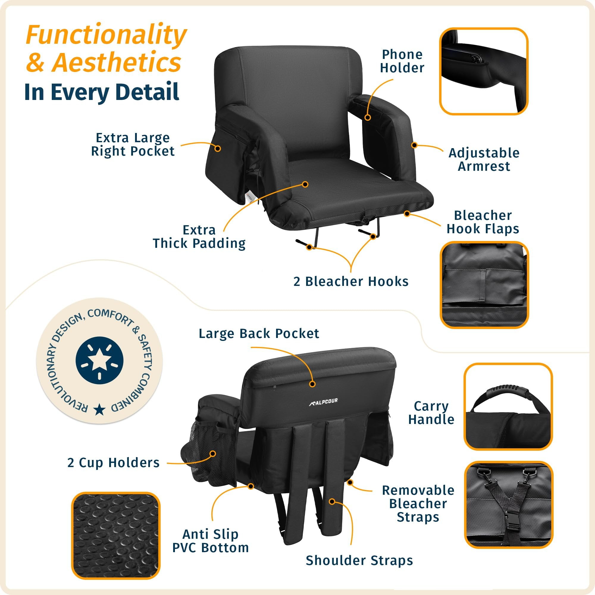 Reclining Stadium Seats for Bleachers with Back Support  Wide Bleacher Chair Cushion, Armrests, Large Pockets, and Multiple Safety Features  Best Stadium Seat Chairs for Camping, Kayak Backs & More