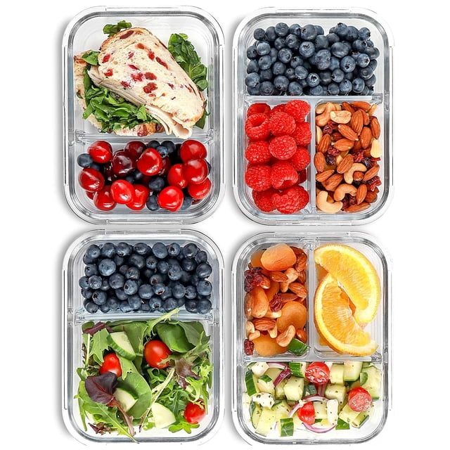 FIT Strong & Healthy Glass Meal Prep Containers, 2 & 3 Compartments - Portion Control, Lunch Container Set, Food Storage, Airtight Lids, Oven & Freez
